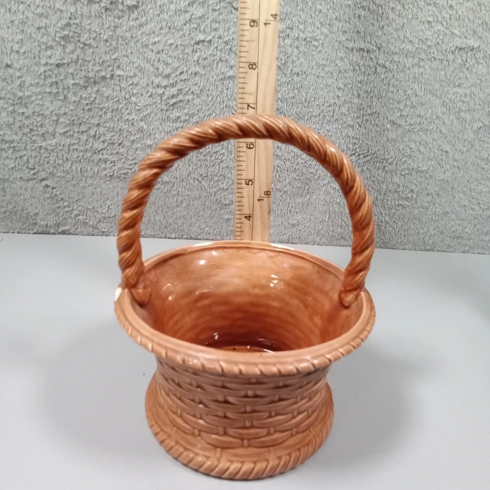 Vintage Signed Diana 87 Ceramic Basketweave Decorative Basket Brown Glaze 6.5in